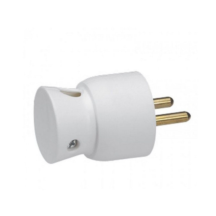 Fiche secteur mâle sortie coudée 2P+T 10/16A 230V en plastique blanc