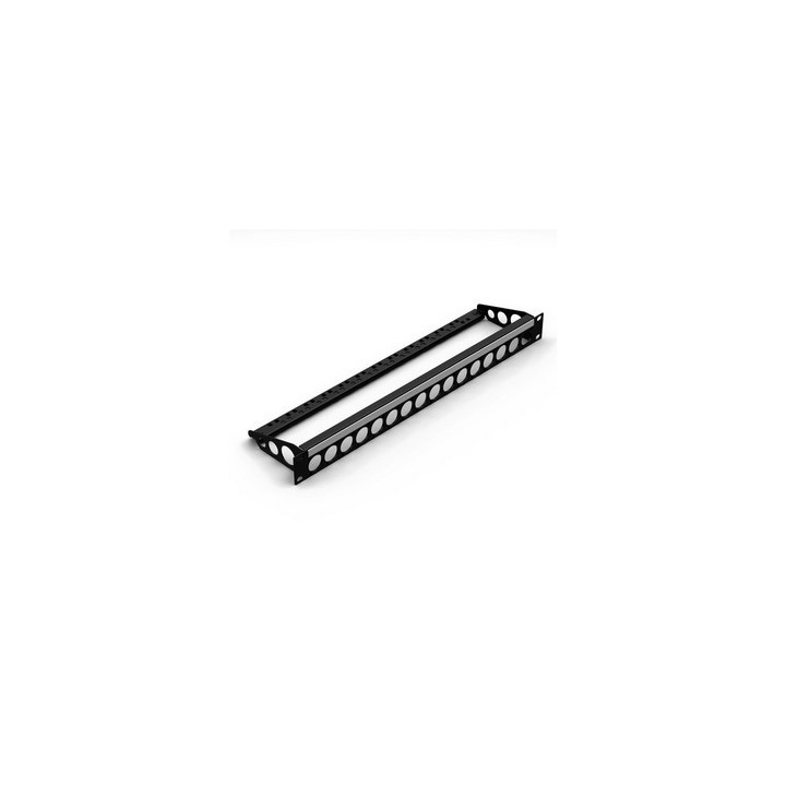 Face 19" 1U noire 16 trous série D + porte-câble + porte-étiquette