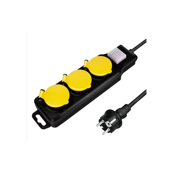 Multiprise 3PC noire capot jaune IP44 + inter cordon 3G1.5 mm² 1.5m