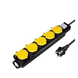 Multiprise 5PC noire capot jaune IP44 + inter cordon 3G1.5 mm² 1.5m