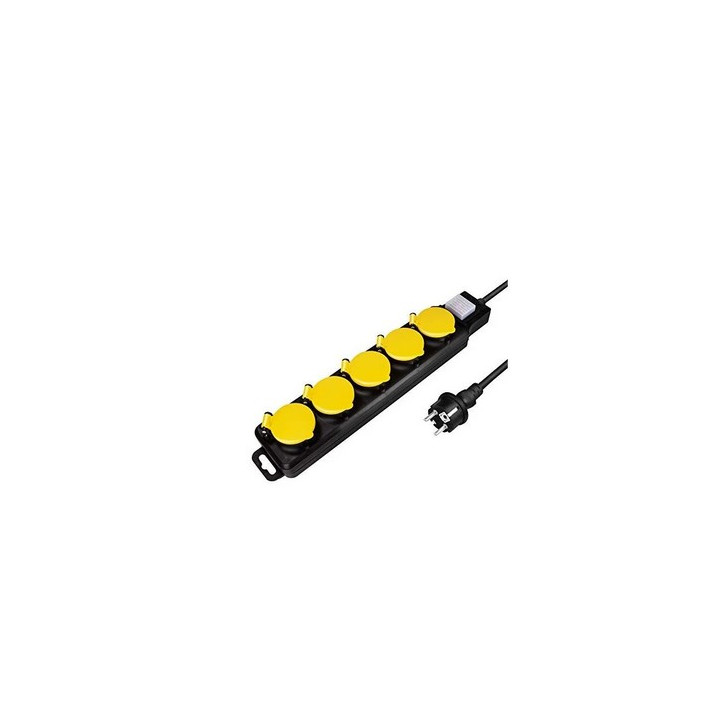 Multiprise 5PC noire capot jaune IP44 + inter cordon 3G1.5 mm² 1.5m