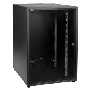 Baie brassage 19'' 12U 600x600 noire porte AV verre/ panneau AR plein