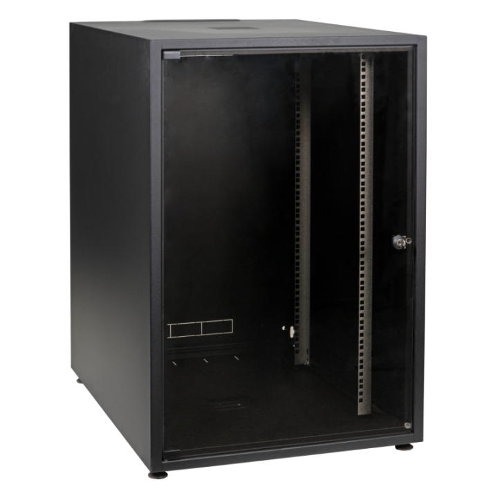 Baie brassage 19'' 12U 600x600 noire porte AV verre/ panneau AR plein