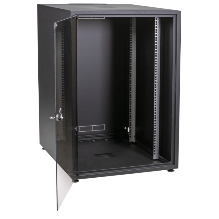 Baie brassage 19'' 12U 600x600 noire porte AV verre/ panneau AR plein