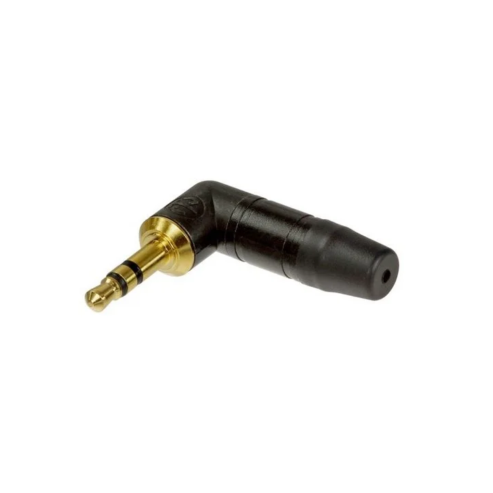 NTP3RC-B Fiche jack coudée 3.5mm +serre câble corps noir, contact or