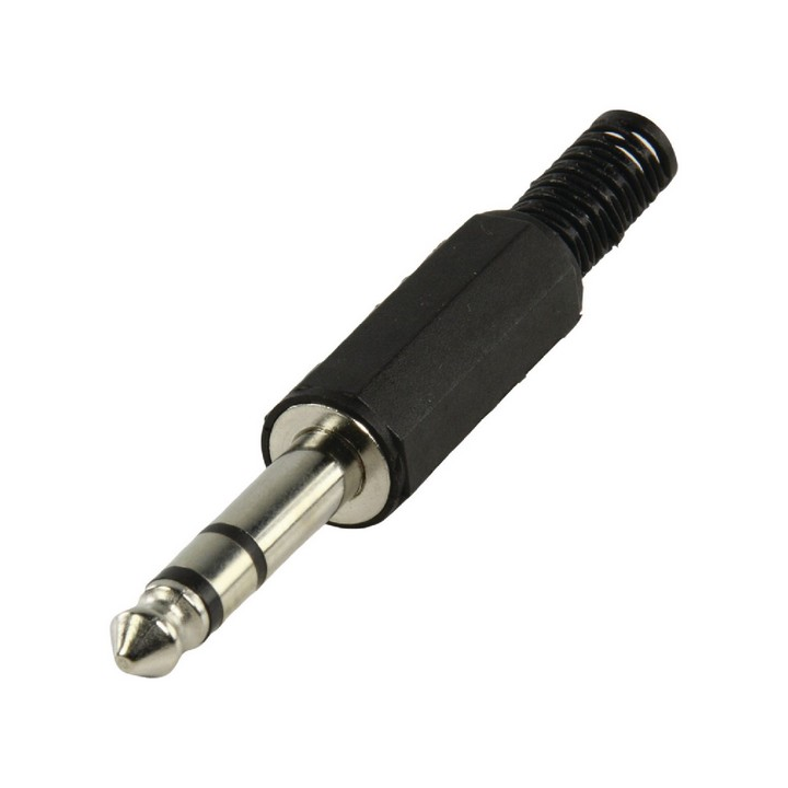 Fiche jack mâle stéréo droite 6.35 mm en plastique noir avec ressort