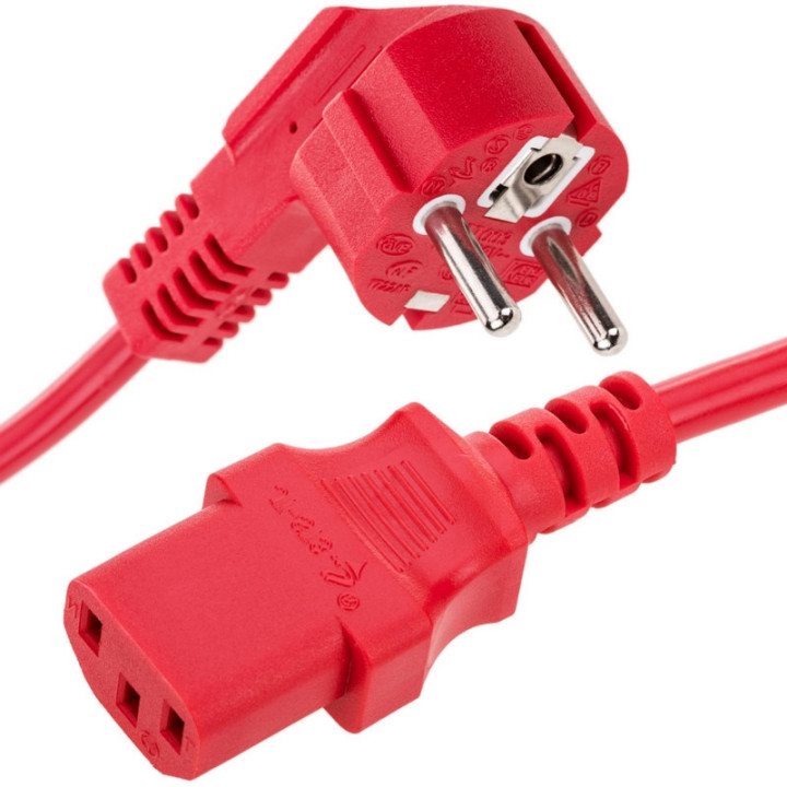 Cordon secteur 3x0.75mm² 220V 10A 2P+T mâle coudé vers C13 1.8m rouge