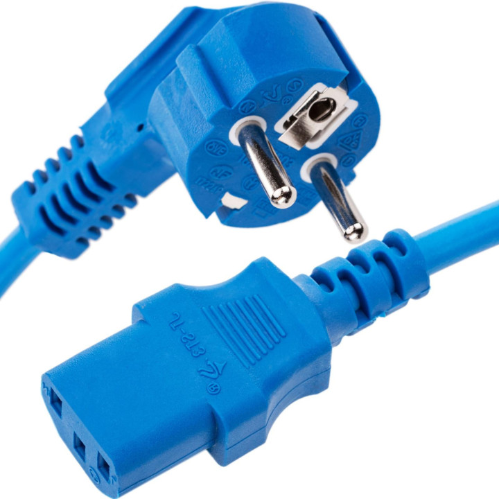 Cordon secteur 3x0.75mm² 220V 10A 2P+T mâle coudé vers C13 1.8m bleu