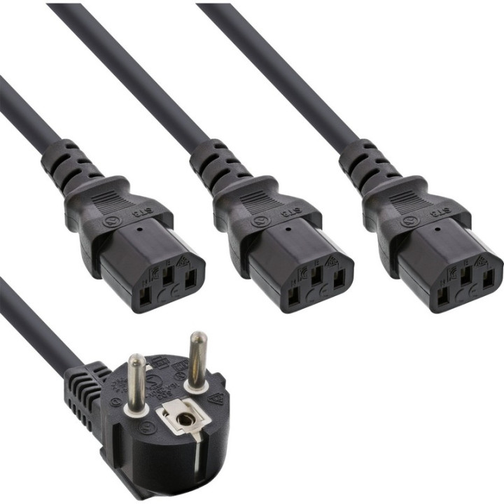 Cordon secteur HO5VVF en Y CEE7/7 coudé / 3x IEC C13 noir 1.8m