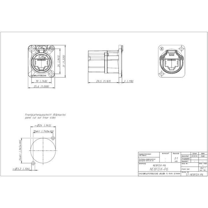 NE8FDX-P6-B Traversée Ethercon/RJ45 cat.6A série D noire