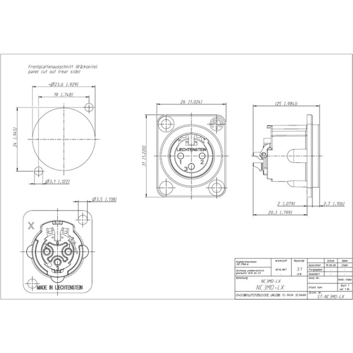 NC3MD-LX Embase XLR 3 pts mâle série DLX