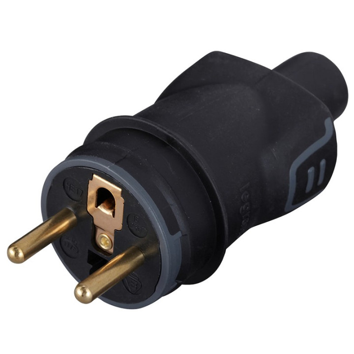 Fiche secteur mâle droite 2P+T 10/16A 230V en caoutchouc noir