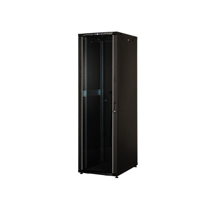 Baie brassage 19'' 22U 600x600 noire porte AV verre/ AR pleine 44 kg