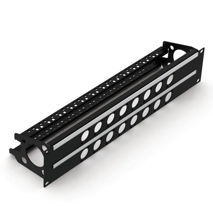 Face 19" 2U noire 16 trous série D + porte-câble + porte-étiquette