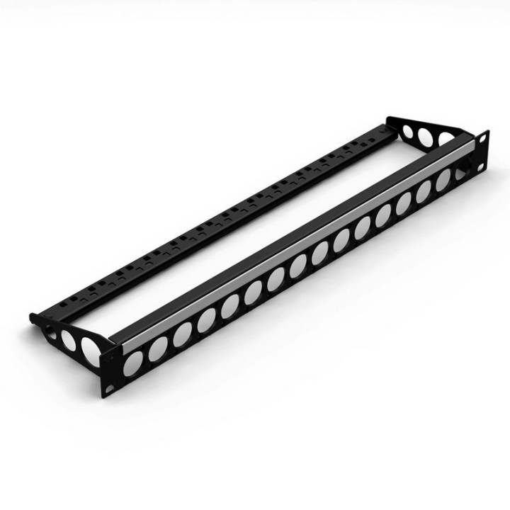 Face 19" 1U noire 16 trous série D + porte-câble et porte-étiquette